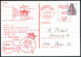 1000 BERLIN 30/ PHILATELIE GRENZENLOS/ BERLIN.. 1990 (2.10.) AFS Francotyp 020 Pf. = Brandenbg. Tor Auf Amtl. P 40 Pf. C - Denkmäler