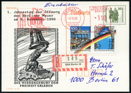 1000 BERLIN 30/ PHILATELIE GRENZENLOS/ BERLIN.. 1990 (9.11.) AFS Francotyp 110 Pf. = Brandenbg. Tor Auf Amtl. P 30 Pf. V - Monumentos