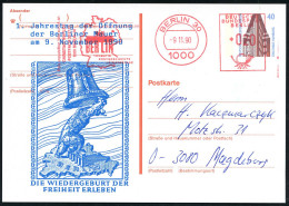 1000 BERLIN 30/ PHILATELIE GRENZENLOS/ BERLIN.. 1990 (9.11.) AFS Francotyp 020 Pf. = Brandenbg. Tor Auf Amtl. P 40 Pf. C - Monuments