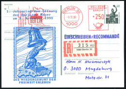 1000 BERLIN 30/ PHILATELIE GRENZENLOS/ BERLIN.. 1990 (9.11.) AFS Francotyp 250 Pf. = Brandenbg. Tor Auf Amtl. P 60 Pf. B - Monumentos