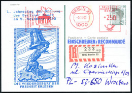 1000 BERLIN 30/ PHILATELIE GRENZENLOS/ BERLIN.. 1990 (9.11.) AFS Francotyp 250 Pf. = Brandenbg. Tor Auf Amtl. P 80 Pf. Z - Monuments