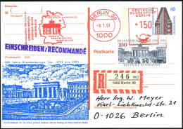 1000 BERLIN 30/ PHILATELIE GRENZENLOS/ BERLIN.. 1991 (8.1.) AFS Francotyp 150 Pf. = Brandenbg. Tor Als VE Auf Amtl. P 40 - Monuments