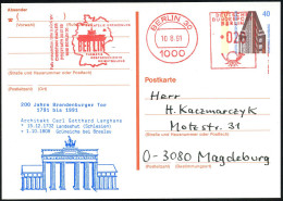 1000 BERLIN 30/ PHILATELIE GRENZENLOS/ BERLIN.. 1991 (10.8.) AFS Francotyp 020 Pf. = Brandenbg. Tor Als VE Auf Amtl. P 4 - Monumenten