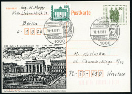 1000 BERLIN 12/ 200 JAHRE/ BRANDENBURGER TOR/ BAUMEISTER/ C.G.LANGHANS 1991 (10.8.) SSt = Kopfbild Auf Amtl. P 30 Pf. VG - Monuments