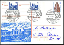 1000 BERLIN 12/ 200 JAHRE/ BRANDENBURGER TOR/ ..C.G.LANGHANS 1991 (10.8.) SSt = Kopfbid Langhans 3x Auf Amtl. P 40 Pf. C - Monuments