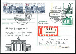 1000 BERLIN12/ 200 JAHRE/ BRANDENBG.TOR/ ..C.G.LANGHANS 1991 (10.8.) SSt = Kopfbild Langhans Auf Amtl. P 60 Pf. Bavaria  - Monumentos