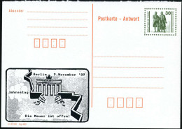 D.D.R. /  VGO 1990 (9.11.) Amtl. P 30 Pf. VGO Goethe/Schiller, Antwortteil , Oliv + Zudruck: 9. November '89/Jahrestag/D - Monumentos