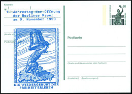 BERLIN 1990 (9.11.) Amtl. Ausl.-P 80 Pf. Zeche Zollern +  Zudruck: 1. Jahrestag Der Maueröffnung (= Brandenbg. Tor, Bär  - Monuments