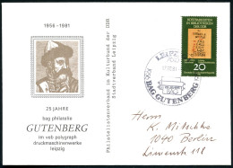 7010 LEIPZIG 1/ 25 JAHRE/ BAG GUTENBERG 1981 (17.10.) SSt = 2 Druckwalzen U. Papier Auf EF 20 Pf. Papyrus Ebers Auf Inl. - Other