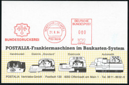 Berlin 1984 (31.8.) AFS: VORFÜHRSTEMPEL/POSTALIA/F/BUNDESDRUCKEREI (Logo) Firmensitz Berlin 61, Druckerei Für Briefmarke - Otros