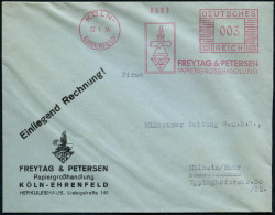 KÖLN-/ EHRENFELD/ FREYTAG & PETERSEN/ PAPIERGROSSHANDLUNG 1934 (22.1.) AFS Francotyp = Künstler Mit Papierrolle Klar Auf - Otros