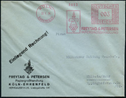 KÖLN-/ EHRENFELD/ FREYTAG & PETERSEN/ PAPIERGROSSHANDLUNG 1934 (22.1.) AFS Francotyp = Künstler Mit Papierrolle Klar Auf - Other