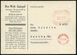 BERLIN SW 100/ RUDOLF-MOSSE-HAUS 1931 (15.5.) AFS-Vorläufer "Bafra" Achteck (Vertikalachse) Vierstellig = Hauspostamt NM - Autres