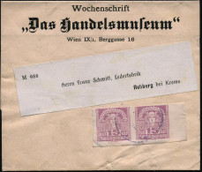 ÖSTERREICH 1921 Zeitungsmarke 15 H. Merkur, Lilagrau, Paar Auf Inl.-Zeitungs-Sb.: Wochenschrift, "Das Handelsmuseum" Wie - Autres