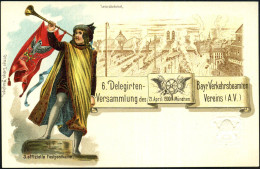 München 1900 (21.4.) PP 2 Pf. Wappen, Grau: 6. Delegirten- Bayr. Verkehrsbeamten Versammlung.. = Rückseite Hauptbahnhof  - Trains