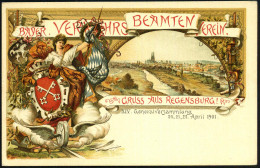 Regensburg 1901 (Apr.) PP 5 Pf. Wappen, Grün: BAYER. VERKEHRS BEAMTEN VEREIN,.. XIV. Generalversammlung = Allegorie Mit  - Trenes