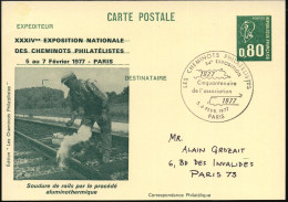 FRANKREICH 1975 (Febr.) Amtl. P 0,60 F., Grün + Bildzudruck: XXXIIème EXPOS. NATIONALE DES CHEMINOTS PHILATELISTES = Sch - Treinen