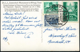 ÖSTERREICH 1952 (27.7.) Zweisprachiger SSt.: WÖRGL/ ENTHÜLLUNG DES/Dr. L.L.ZAMENHOF-DENKMALS.. (Wappen) Auf 20 Gr. Esper - Esperánto