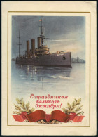 UdSSR 1957 (1.11.) Schmuckblatt-Telegramm "Oktober-Revolution" Mit Kreuzer "Aurora" , Gebr. In Leningrad (kl. Bedarfs-Ec - Karl Marx