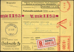 FINNLAND 1951 (22.3.) AFS Francotyp: KOSKENKORVA/V/849 = Entflammtes Zündholz (= Välimäki Oy) Seltene Inlands-R-NN-Paket - Firemen