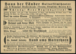 BERLIN NW7/ Mo 1941 (24.9.) PFS 3 Pf. Auf Vordruck-Kt.: Haus Der Länder Kulturfilmtheater U.a. "Dorf Im Roten Sturm" (Fi - Cinéma