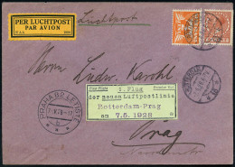 NIEDERLANDE 1928 (7.5.) Erstflug-Bf.: Rotterdam - Prag Mit Orange Erstflug-Label + Orange LPZ , Vs. AS.: PRAHA 82 LETIST - Andere (Lucht)