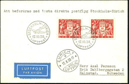 SCHWEDEN 1938 (17.10.) Erstflug Stockholm - Zürich (AS: ZÜRICH 1/VIII/LUFTPOST) 2x 20 Ö. "300 Jahre Schweden In Amerika" - Sonstige (Luft)