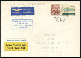 SCHWEIZ 1947 (10.10.) Erstflug (SWISSAIR): Genf - Rio De Janeiro (rs. AS) Flp. 1 Fr.u.a. (Mi.392 U.a.) Blauer Flp.-Ra.4: - Autres (Air)