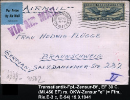 U.S.A. 1941 (15.9.) MaWellenSt.: HESBROUCK HEIGHTS,N.J., EF 30 C. Transatlantik-Flp. Via Lissabon, Rs. OKW-Zensurstreife - Autres (Air)