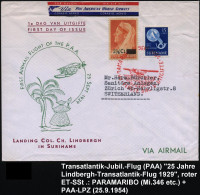 SURINAM 1954 (25.9.) 15 C. "25 Jahre Lindbergh-Flug" + Roter SSt: EERSTE DAG VLUCHT.. + Zweifarbiger PAA-FPZ, Übersee-Fl - Other (Air)