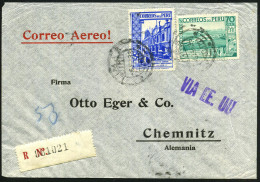 PERU 1938 (8.4.) 2K-Gitter: LIMA + Stummer RZ Von Lima + Viol. Leit-Stempel: VIA  E E.  U U. Via Cristobal, Miami, New Y - Autres (Air)