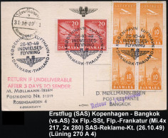 DÄNEMARK 1949 (26.10.) Erstflug-Reklame-Kt. (SAS): Kopenhagen - Bangkok (vs. AS) Flp.-Frankatur 10 Öre 4er-Block (Mi.217 - Autres (Air)