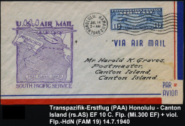 U.S.A. 1940 (12.7.) Erstflug (PAA) FAM 19: Honolulu - Canton Island - Auckland, Etappe Canton Island (rs. AS) EF 10 C. F - Sonstige (Luft)