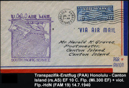 U.S.A. 1940 (12.7.) Erstflug (PAA) FAM 19: Honolulu - Canton Island - Auckland, Etappe Canton Island (rs. AS) EF 10 C. F - Autres (Air)