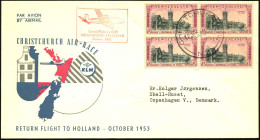 NEUSEELAND 1953 (12.10.) Erstflug (KLM): Christchurch - Amsterdam (AS) 4er-Bl. 6 P. Otago-Universitäts-Jubiläum + Roter  - Autres (Air)