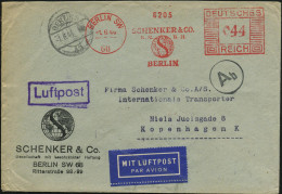 BERLIN SW/ 68/ SCHENKER & CO.. 1944 (1.6.) AFS Francotyp 044 Pf. (Globus) + Schw. Durchlauf-Zensur-1K: A B (= Berlin, Ri - Sonstige (Luft)