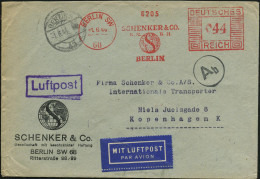 BERLIN SW/ 68/ SCHENKER & CO.. 1944 (1.6.) AFS Francotyp 044 Pf. (Globus) + Schw. Durchlauf-Zensur-1K: A B (= Berlin, Ri - Autres (Air)