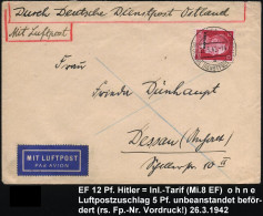 DT.BES.LETTLAND 1942 (26.3.) 2K-Steg: RIGA/a/DDP Auf EF 12 Pf. Hitler + Vermerk "Durch Deutsche Dienstpost Ostland", Rs. - Andere (Lucht)