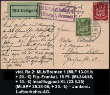 Bremen 1925 (23.6.) Viol. Ra.2: MLb/ Postamt 1, Bremen (Mi.F 13-01 B,+ 20.- EUR) Frankatur Taube 5 Pf. U. 10 Pf., 1K-Ste - Autres (Air)