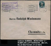MÜNCHEN/ *2*/ RUMPLER-LUFTVERKEHR/ FLUGPOSTVERKEHR/ ..NORDDT.LLOYD 1921 (11.6.) Gesuchter U. Seltener Band-MWSt Ungewöhn - Other (Air)