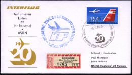 107 BERLIN 7/ 20 JAHRE ZIVILE LUFTFAHRT DER DDR 1975 (6.7.) SSt = Hauspostamt Flughafen Schönefeld + Bl. HdN, IF = Inter - Autres (Air)