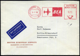 (24a) HAMBURG FLUGHAFEN/ BEA 1958 (24.1.) AFS Postalia 025 Pf. = Hauspostamt Flughafen (stilis. Flugzeug) Firmen-Bf.: BE - Other (Air)