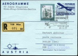 ÖSTERREICH 1977 (22.3.) 7 S. Aerogramm + 10 S. Dauerserie, SSt: 1150 WIEN/1/50 JAHRE/FLUGLINIE/WIEN-PRAG-DRESDEN/ BERLIN - Aviones