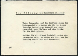 ROSTOCK 1937 Fa. Ernst Heinkel Flugzeugwerke, Interner Dienstumschlag "Vor Öffnung Des Umschlages Zu Lesen!" (rs. Kl. Öf - Airplanes