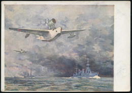UdSSR 1941 Color-Propaganda-Künstler-Ak: Marine-Flugboote "Beriev MBR-2" über Kampfschiffen (Gemälde) Ungebr., - MILITÄR - Airplanes