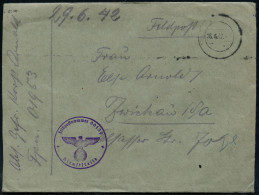 DEUTSCHES REICH 1942 (26.6.) Stummer 2K-Steg = Tarnstempel + Viol. 1K-Hdn: Feldpostnr. 00139 = Geräte-Kolonne, Lw.-Abt.  - Avions