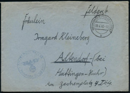 NEUKUHREN FLIEGERHORST/ B 1940 (9.4.) Seltener 2K-Steg = Hauspostamt Fliegerhorst + Blauer 1K-HdN: Fl.(ieger) Ausb. Regt - Vliegtuigen