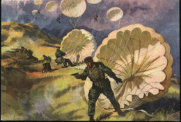 DEUTSCHES REICH 1943 (30.1.) Color-Propaganda-Künstler-Ak.: Fallschirmjäger Landen In Kreta (NSKOV-Kalenderkt.) Ungebr.  - Parachutisme