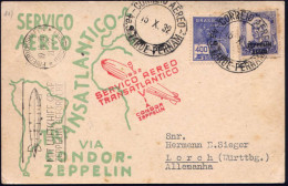 BRASILIEN 1932 (15.10.) 8. SA-Fahrt, Frankatur Zepp. 3$500/5000 Rs. (Mi.369,+ 50.-EUR) + Roter Zepp.-HdN + Zepp.-Ma.-AS  - Zeppelins