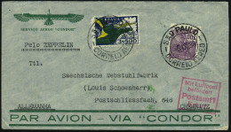 BRASILIEN 1933 (6.9.) 6. SA-Rückfahrt LZ 127, Flp.-Frankatur, 2x 2K: SAO PAULO/CORREO AEREO Condor-SU. + Rs. Grüner Zepp - Zeppelins